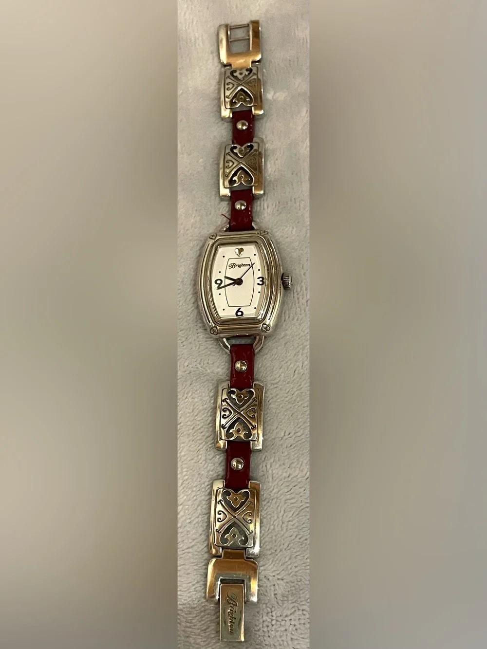 Brighton Womens Bismarck Watch Red Leather Silver Scroll Link 6.75” New Battery